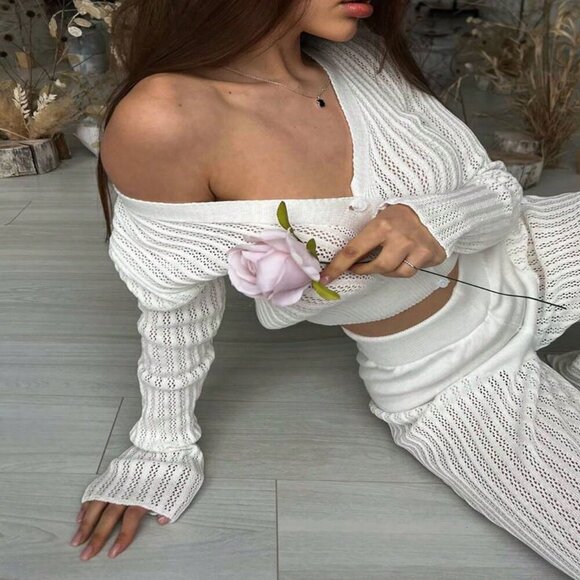 White Boho Women's Knit Sheer Hollow Top And High Waist Pants 2-Piece Suit set - Picture 4 of 6